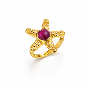 Gold Plated Brass Modern Starfish Garnet Cabochon Adjustable Ocean Inspired <b>Statement</b> <b>Ring</b> Handmade Women Jewelry - Product Image 1
