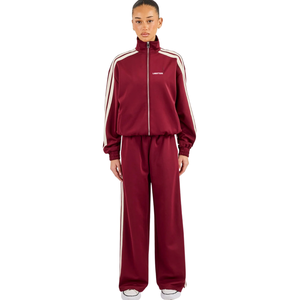 Womens Full <b>Zip</b> High Collar Tracksuit Set Three <b>Side</b> Stripe Top Wide Leg <b>Trousers</b> Elastic Drawstring Waist 2 Piece Casual Outfit - Product Image 1