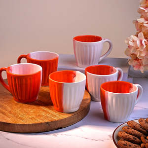 Dynamic Ceramic Tea <b>Cup</b> Set of 6 Glazed Microwave Safe Pottery Mugs with Saucers for <b>Camping</b> and Hiking - Product Image 5