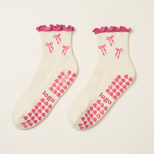 <b>Custom</b> Logo Ankle <b>Socks</b> With Ruffle Trim Bow Pattern Anti Slip <b>Grip</b> Hearts Logo <b>Custom</b> Print Spring Daily Wear - Product Image 1