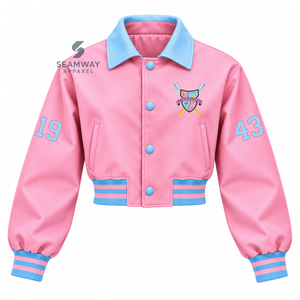 Chaqueta Universitaria de Satén Rosa para Mujer Gamma Phi Delta, Cuello Azul en Contraste, Cierre de Botones a Presión, Chaqueta Letterman con Escudo Bordado - Product Image 1