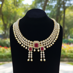 Gold Plated Statement Choker <b>Necklace</b> with <b>Ruby</b> and Pearls Fashion Jewelry Set - Product Image 2