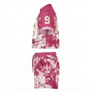 DROGEN EXPORT Vintage Heavyweight Breathable Heat-Transfer Printed 100% Polyester <b>Men's</b> <b>Pink</b> Shirt <b>Shorts</b> Set Streetwear Graphic - Product Image 4