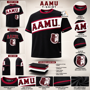 Camiseta Negra de Manga Corta AAMU con Logotipo en Contraste |   Camiseta Casual de Cuello Redondo y Manga Corta con Ribete en Contraste, Corte Regular - Product Image 5