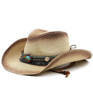 Chapeau de cowboy occidental vintage bohème en paille turquoise perlée, style décontracté pour femme, idéal pour l'été et la plage - Product Image 2