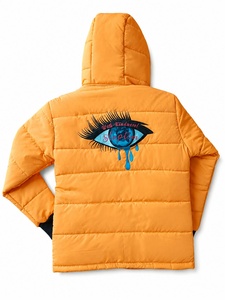 Orange Hooded Canvas Puffer <b>Jacket</b> with Front Logo Warm Quilted <b>Lightweight</b> <b>Waterproof</b> Eco-Friendly Fashion <b>Jacket</b> for <b>Men</b> Women - Product Image 5
