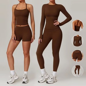 <b>Women</b> 2 Piece Yoga Set High Waist Seamless <b>Crop</b> Top Full Length <b>Leggings</b> Solid Brown Activewear Spandex Polyester Stretch - Product Image 1