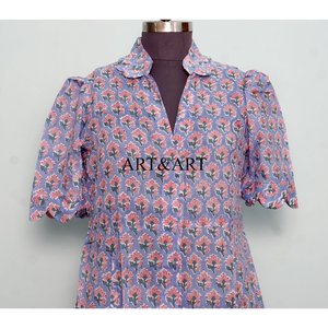 Robe en coton artisanale de qualité supérieure, imprimée au bloc, pour femmes, à manches courtes, et robe de fête pour filles, à prix de gros - Product Image 2