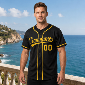 Camiseta de Béisbol Negra Personalizada con Ribete Amarillo, Nombre del Equipo 00 Bordado, Cierre de Botones Delanteros, Unisex, Adulto, Malla de Poliéster - Product Image 3