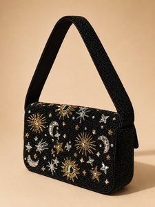 Sac à bandoulière de luxe de haute qualité fait à la main avec des perles de verre en forme de lune et d'étoiles, style classique, motif géométrique, sac à main pour femmes - Product Image 3