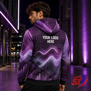 Sweat à capuche graphique personnalisé, motif vague prune-lilas, fermeture éclair intégrale, logo marque privée, vente en gros, OEM, vêtements streetwear - Product Image 5