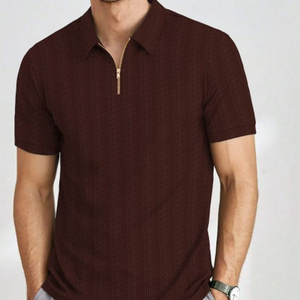 Camisa Polo de Manga Corta con Cierre para Hombre, de Algodón Popelín a Rayas, Casual, Transpirable, Corte Regular - Product Image 4