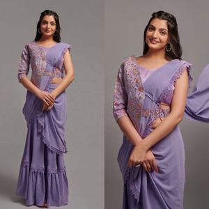 Heavy bordado diseñador diamante Georgette seda elegante Saree con blusa para las mujeres son fabricados y vendidos de la India - Product Image 1