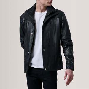 Men's <b>Black</b> Genuine Leather Biker Jacket Stand Collar Zipper Closure Regular Fit Solid Color Casual Winter Wear Hooded - Product Image 2
