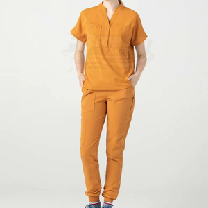 เสื้อสครับคอวีสีเหลืองมัสตาร์ดสำหรับผู้หญิง มีกระเป๋า ผ้าคอตตอนผสม ทอแบบเนื้อผ้าทั่วไป เสื้อคลุมยูนิฟอร์มโรงพยาบาล FONILBEST SPORTS WEARS ยี่ห้อ Needle - Product Image 5