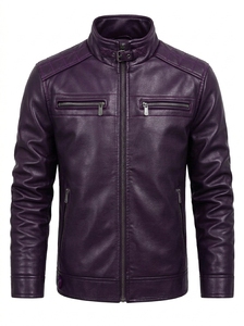 Chaqueta de Moto para Hombre, de Cuero Sintético Morado, Cuello Camisero, Cierre de Cremallera, Corte Ajustado, Largo Regular, Color Sólido, Ropa de Invierno 2027 - Product Image 3