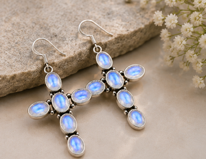 Pendientes de cruz de piedra lunar arcoíris – Pendientes de plata con piedra lunar azul natural – Joyería artesanal bohemia con gemas, regalo para mujer - Product Image 2