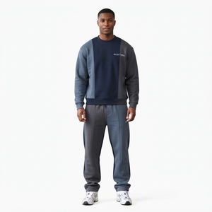 Ensemble sweat-shirt et pantalon de survêtement pour homme, col rond, couleurs contrastées, bleu marine et gris, streetwear décontracté, vêtements assortis, logo personnalisé - Product Image 1