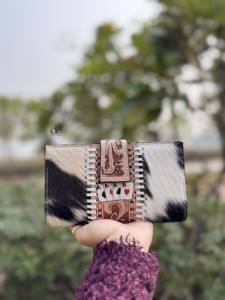 Hand Tooled Carving Cards Wallet Clutch <b>Phone</b> Case Stylish Cowhide Fur Leather Wallet Multi Uses Western Leather Wallets - Product Image 2