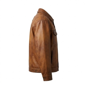 Veste en cuir marron pour homme, style workwear, col rabattu, simple boutonnage, poches, coupe classique, pour l'automne - Product Image 3
