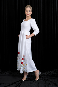 Hand-Embroidered White Linen Maxi Dress Square Neckline <b>Three</b>-Quarter Sleeves Artisanal Floral Crewel Work Gown - Product Image 3
