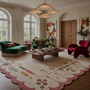 Tapis décoratif en laine/coton à motifs abstraits, tufté à la main, antidérapant, avec bordure festonnée, moderne, pour salon et chambre à coucher - Product Image 5