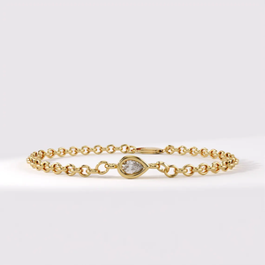 Pulsera de Oro Real de 14K con Diamante de Laboratorio en Forma de Pera de 4x2 mm, Diseño Minimalista con Bisel, Cadena y Eslabones, Regalo de Aniversario - Product Image 6