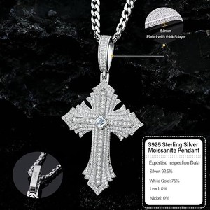 Collier pendentif croix serti de diamants, forme ronde brillante, plaqué or blanc, style hip-hop - Product Image 3