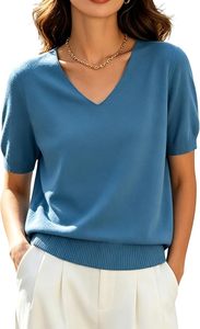 Pull sportif ajusté pour femme, col rond, en viscose/coton respirant, manches courtes, pour le quotidien printemps/été - Product Image 2