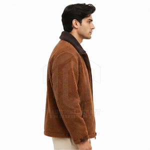 Custom <b>Mens</b> Brown <b>Sherpa</b> <b>Fleece</b> Jacket Faux Shearling Lining 300g Dark Contrast Collar Full Zip Chest Pocket Casual Winter Coat - Product Image 4