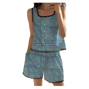 Conjunto de Pijama de Lujo con Shorts y Encaje Indio Estampado a Mano, 100% Algodón de Alta Calidad, Sin Mangas, para Primavera/Verano, con Estampado Artesanal - Product Image 2