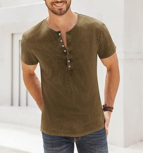 Chemises Henley OEM en gros, style vieilli, rétro, à manches courtes, décontractées, boutonnées, lavées, pour hommes, 100% coton, 240 GSM - Product Image 2