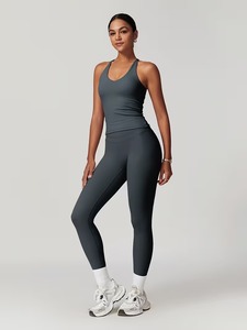Women Solid Summer 2 Pcs Yoga Suit Strappy Back Sports Bra High Waist Leggings Seamless Gym <b>Workout</b> Matching Set - Product Image 5