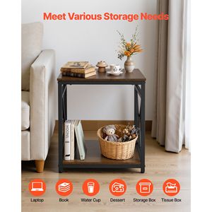 Tavolino Quadrato a 2 Livelli con Ripiani Aperti, Comodino Moderno, Scrivania da Comodino con Struttura in Metallo a X e Piano in Legno - Product Image 4
