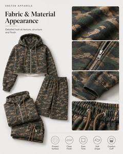 Ensemble jogging et sweat à capuche court unisexe surdimensionné, imprimé camouflage animal, respirant et léger, avec fermeture éclair, personnalisable avec logo, fournisseur OEM - Product Image 6