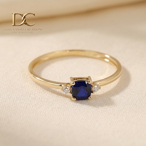 แหวนทองคำแท้ 14KT งานแฮนด์เมดใหม่ ประดับเพชรเพาะเลี้ยงและไพลินสีน้ำเงินเข้ม สำหรับผู้หญิง เครื่องประดับชั้นดี รับรองโดย IGI - Product Image 4