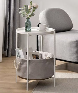 Minimalist White Round Side <b>Table</b> with Storage Basket 2-Tier Metal Frame for Bedroom Use - Product Image 4