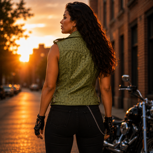 Summer Motorcycle Style Breathable V-neck <b>Slim</b> Fit Vest <b>Belt</b> Zipper Moto Biker Channel 2026 Sexy Women's Leather Vest - Product Image 4