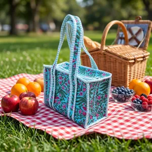 Sac fourre-tout mini en toile à imprimé floral bohème avec fermeture éclair, léger, isolé, vintage, pour femme, idéal pour le shopping ou les pique-niques - Product Image 1