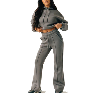 Conjunto de Sudadera con Capucha Gris y Pantalones Anchos para Mujer, Estilo Casual, Holgado, Color Sólido, con Cordón Ajustable, para Otoño - Product Image 1
