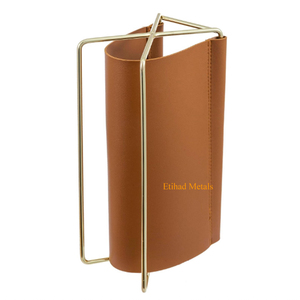 Tan Leather Magazine Holder Magazine Rack With Gold Metal <b>Frame</b> Mid Century Caramel Leatherette Mail Sorter Letter Holder Rack - Product Image 2