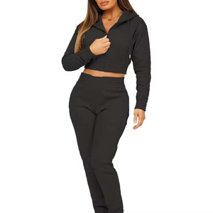 Women's Black 2-Piece Hip Hop Print Pattern <b>Crop</b> <b>Top</b> <b>Set</b> Fleece Casual Sportswear Full Length Pants Breathable Regular Fit - Product Image 6