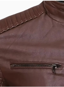 TRIBON SPORTS <b>Men's</b> Brown Cowhide <b>Leather</b> Bomber <b>Jacket</b> Stand Collar Zipper Closure Slim Fit Regular Sleeve Solid Color Winter - Product Image 5