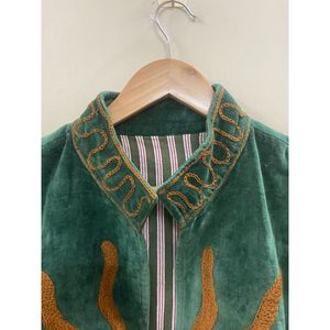 Emerald <b>Velvet</b> Mandarin Collar <b>Jacket</b> With Hand Embroidered Sun Design Full Sleeve Autumn Wear - Product Image 3
