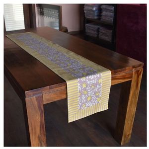Latest Stylished Modern Printed Cotton Table <b>Runner</b> with Lemon Floral Pattern and Striped Border for Home Dining Decor - Product Image 5