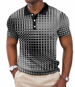 Polo à manches courtes pour homme à motif géométrique noir et blanc, imprimé numérique, décontracté, respirant, tissé, coupe classique - Product Image 2