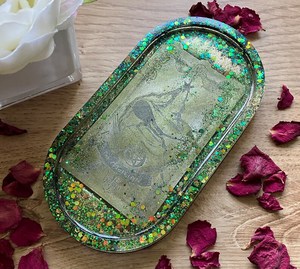 Bandeja Ovalada Verde Azul Dorado, Tarot del Mago, Brillantina Iridiscente, Resina Hecha a Mano, Decoración para el Hogar - Product Image 3