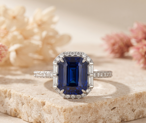 Pragalbh Jewels Wholesale 925 <b>Silver</b> <b>Emerald</b> Cut Blue Stone Halo <b>Ring</b> with Moissanite Accent Stones Luxury Fine Jewelry - Product Image 1
