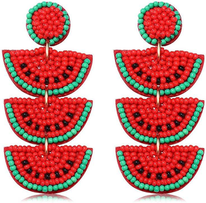Beaded Watermelon Slice Tropical Fruit Drop Earrings Set Perfect For Summer <b>Beach</b> Vacation Style <b>Accessory</b> - Product Image 1