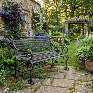 Weatherproof Powder Coated Wrought Iron Park Bench Custom Hand Forged Metal <b>Garden</b> Long Chair 3-<b>Seater</b> - Product Image 4